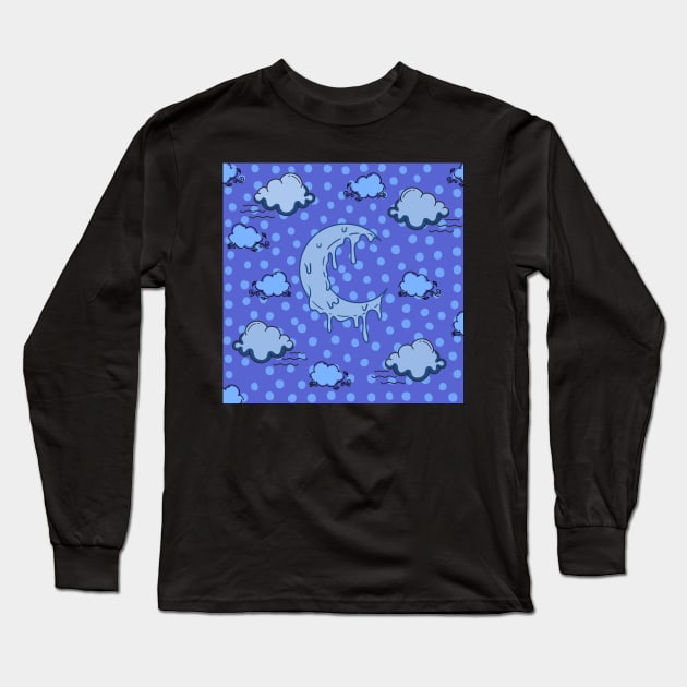 melting crescent moon cloud night blue polka dots Long Sleeve T-Shirt by maplunk